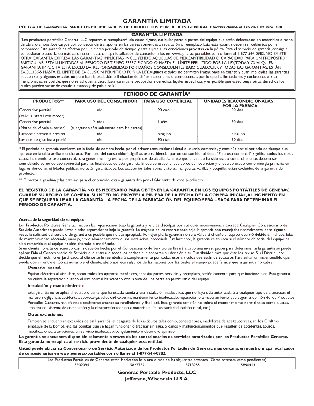 Generac 1654-0 owner manual Garantía Limitada, Generac Portable Products, LLC Jefferson,Wisconsin U.S.A 