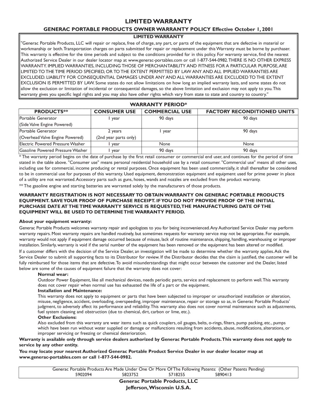 Generac 1654-0 owner manual Limited Warranty 