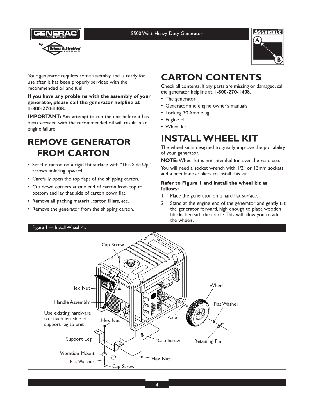 Generac 1654-0 owner manual Carton Contents, Remove Generator from Carton, Install Wheel KIT 