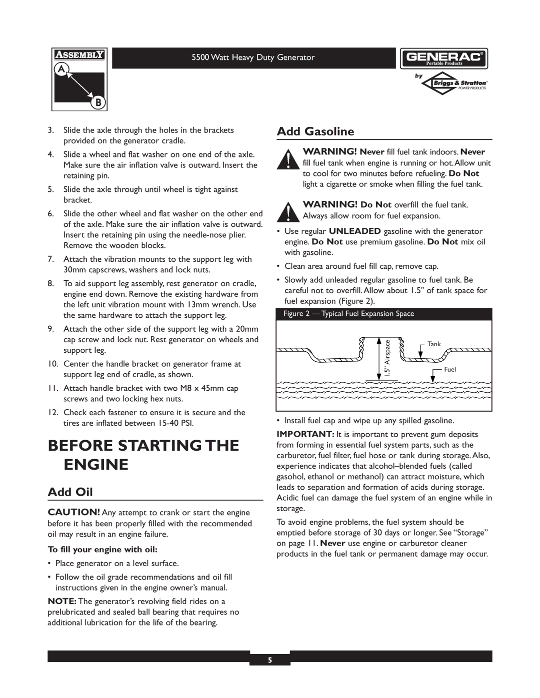 Generac 1654-0 owner manual Before Starting Engine, Add Gasoline, Add Oil, To fill your engine with oil 