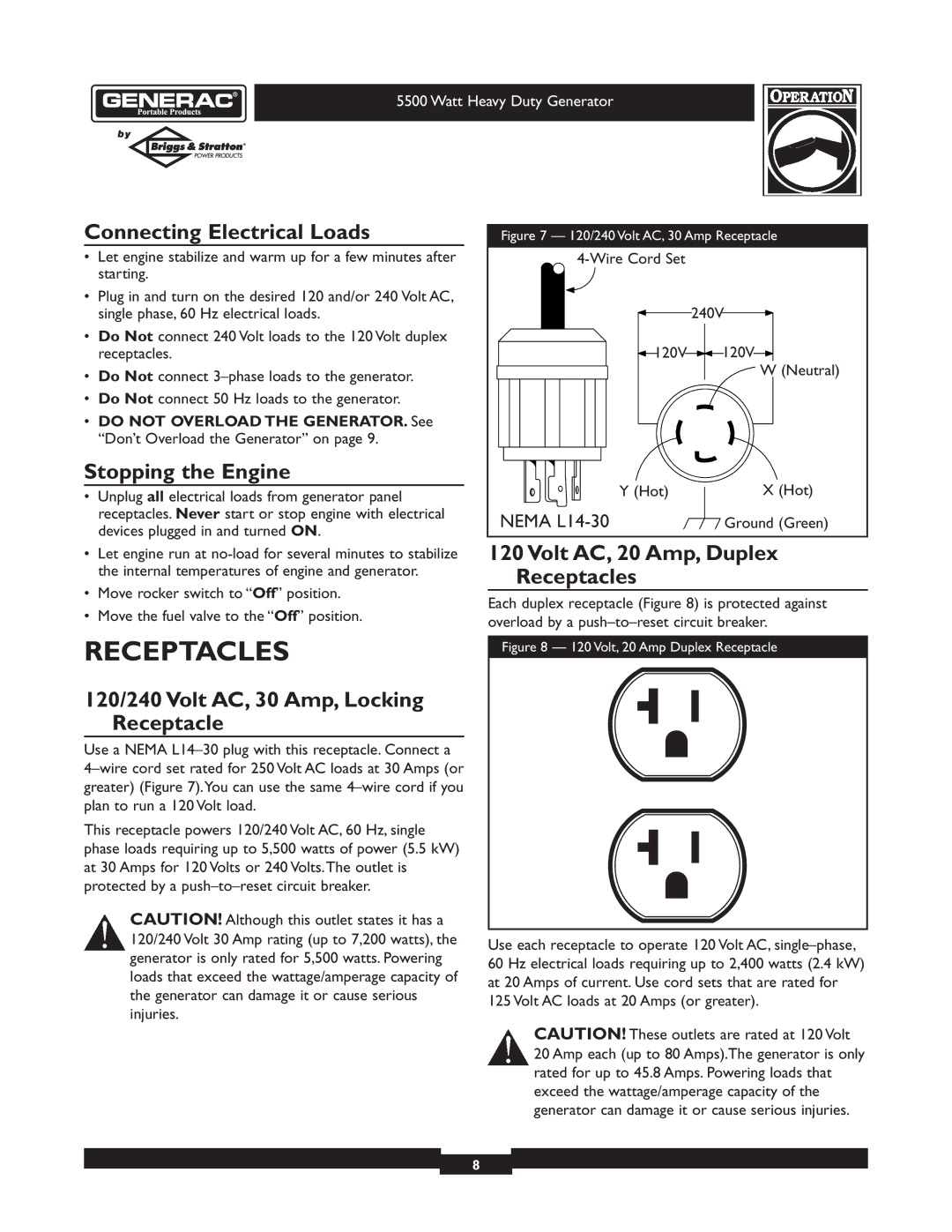 Generac 1654-0 Receptacles, Connecting Electrical Loads, Stopping the Engine, 120/240 Volt AC, 30 Amp, Locking Receptacle 