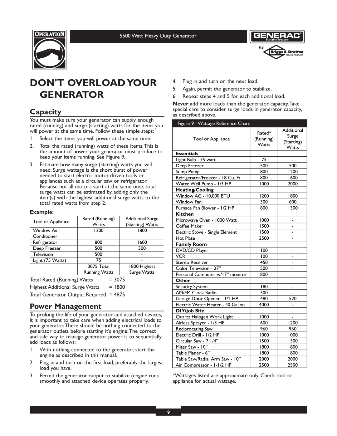 Generac 1654-0 owner manual Dont Overload Your Generator, Capacity, Power Management, Example 