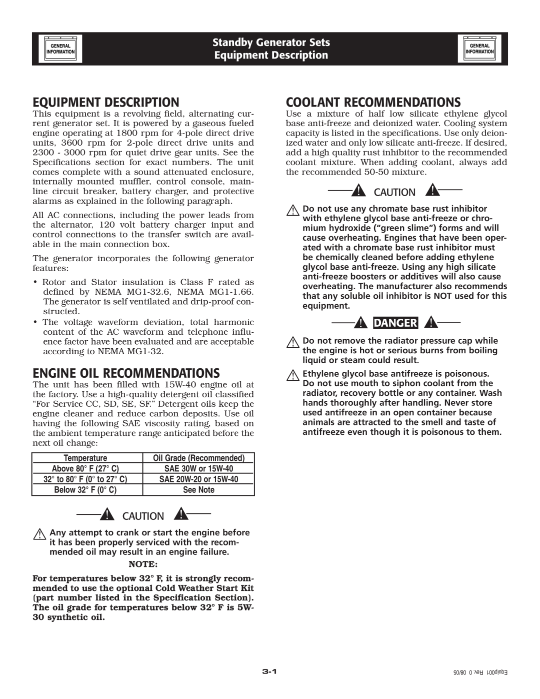 Generac 20kW owner manual Equipment Description, Engine Oil Recommendations, Coolant Recommendations, Danger 