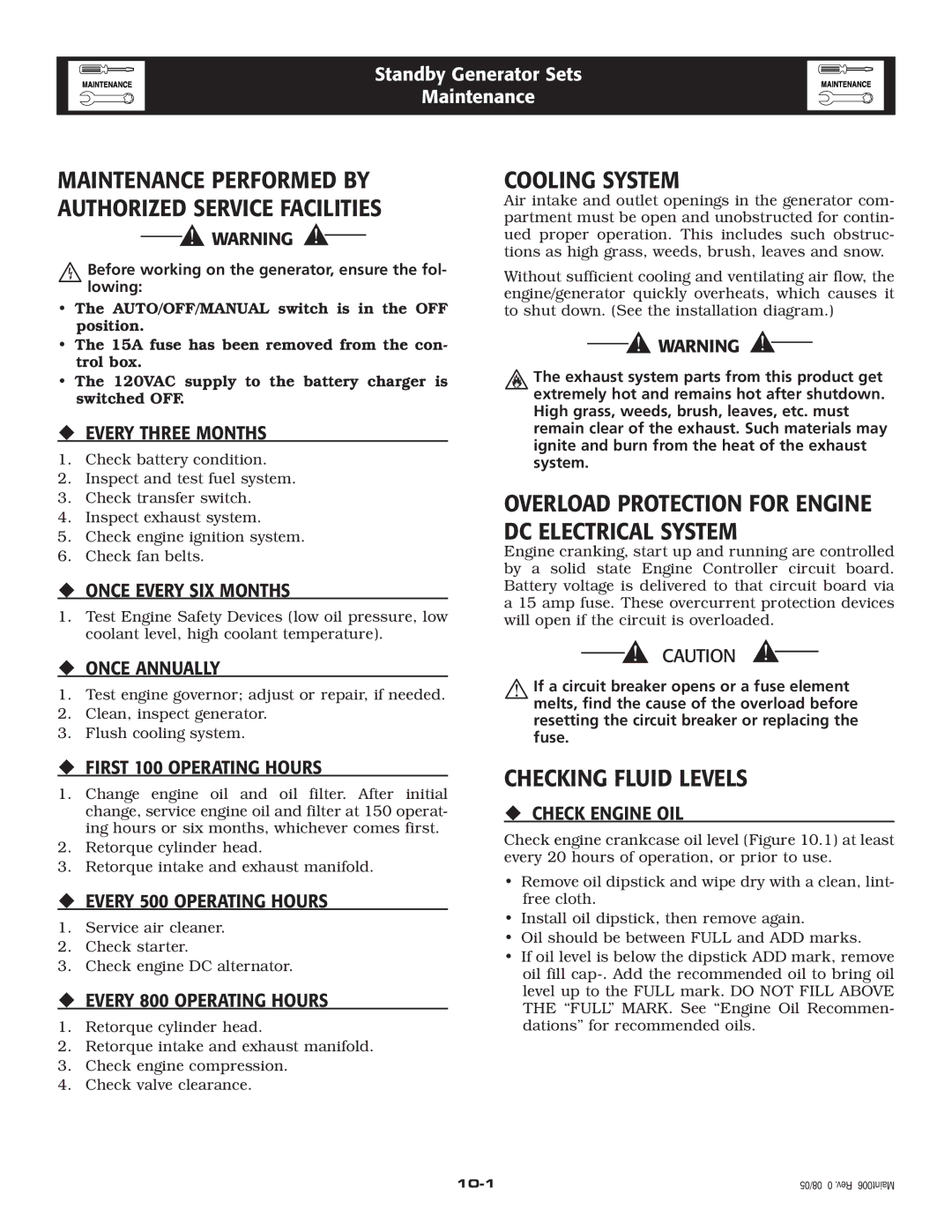 Generac 20kW owner manual Cooling System, Checking Fluid Levels 