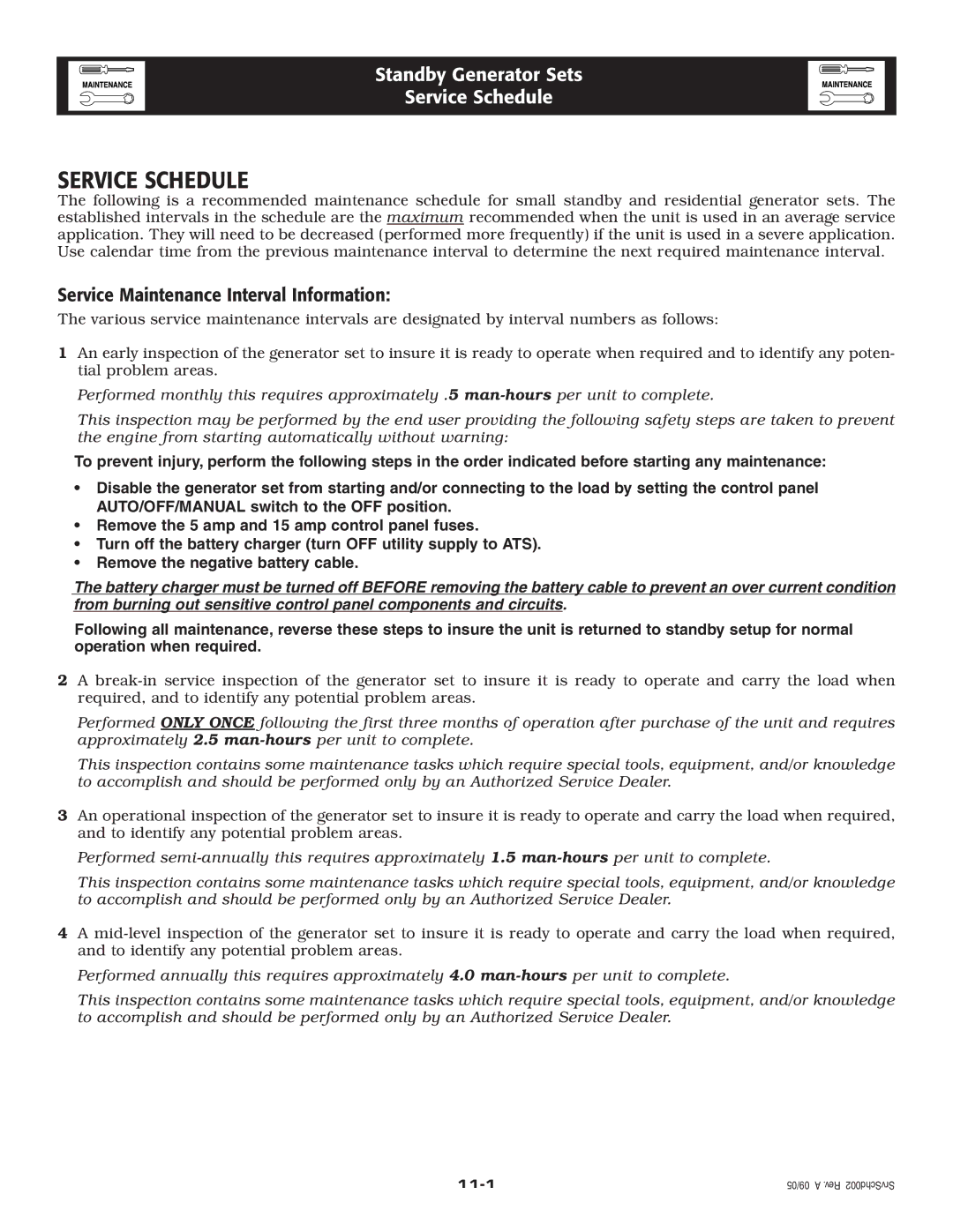 Generac 20kW owner manual Service Schedule, Service Maintenance Interval Information 