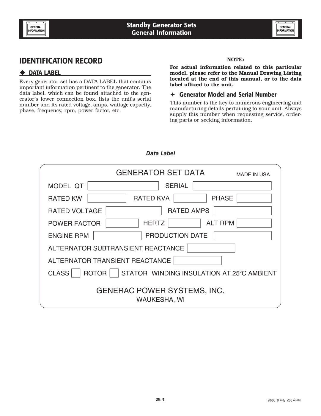 Generac 20kW owner manual Identification Record, Generator SET Data, Generac Power SYSTEMS, INC, ‹ Data Label, Waukesha, Wi 