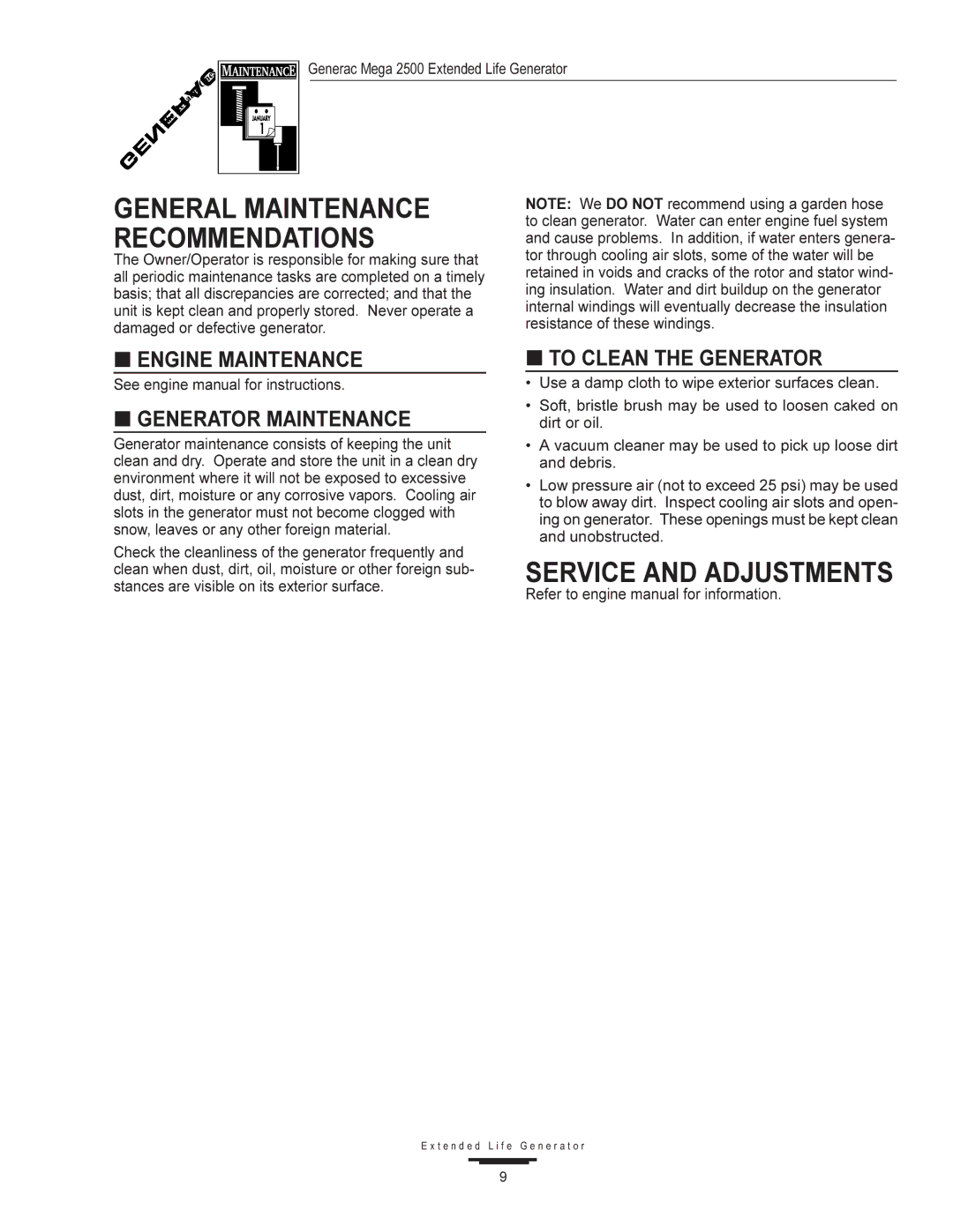 Generac 2500 manual Service and Adjustments, Engine Maintenance, Generator Maintenance, To Clean the Generator 