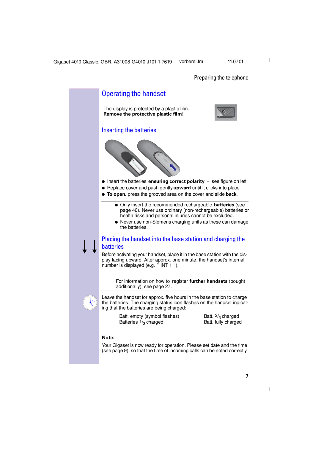 Generac 4010 operating instructions Operating the handset, Inserting the batteries, Remove the protective plastic film 