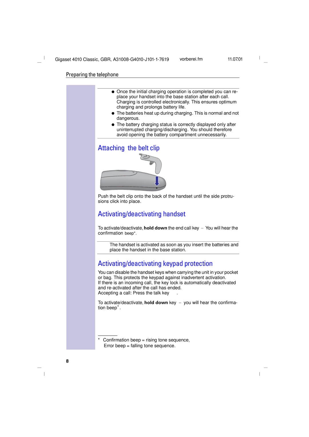 Generac 4010 Attaching the belt clip, Activating/deactivating handset, Activating/deactivating keypad protection 