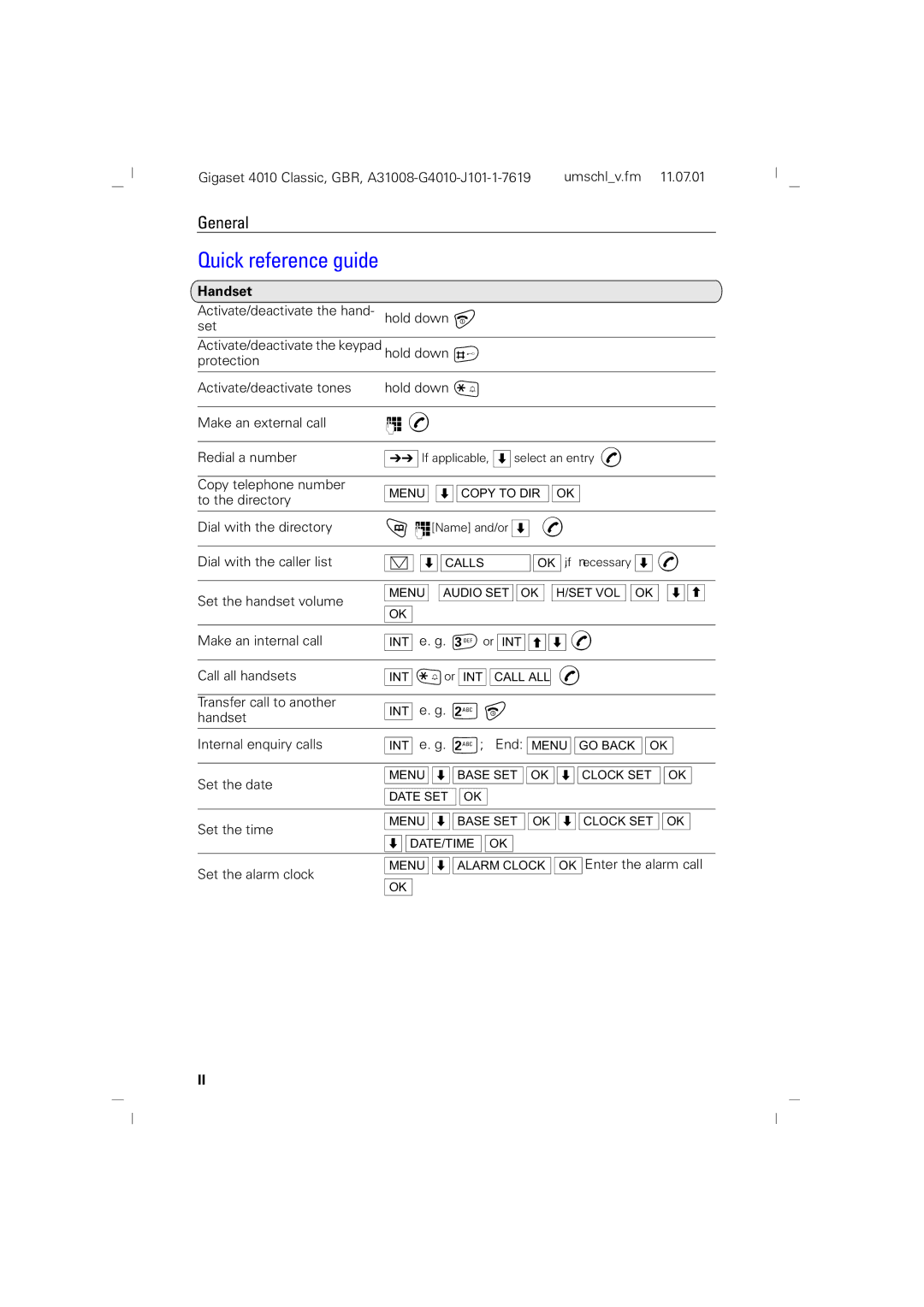 Generac 4010 operating instructions Quick reference guide, Handset 