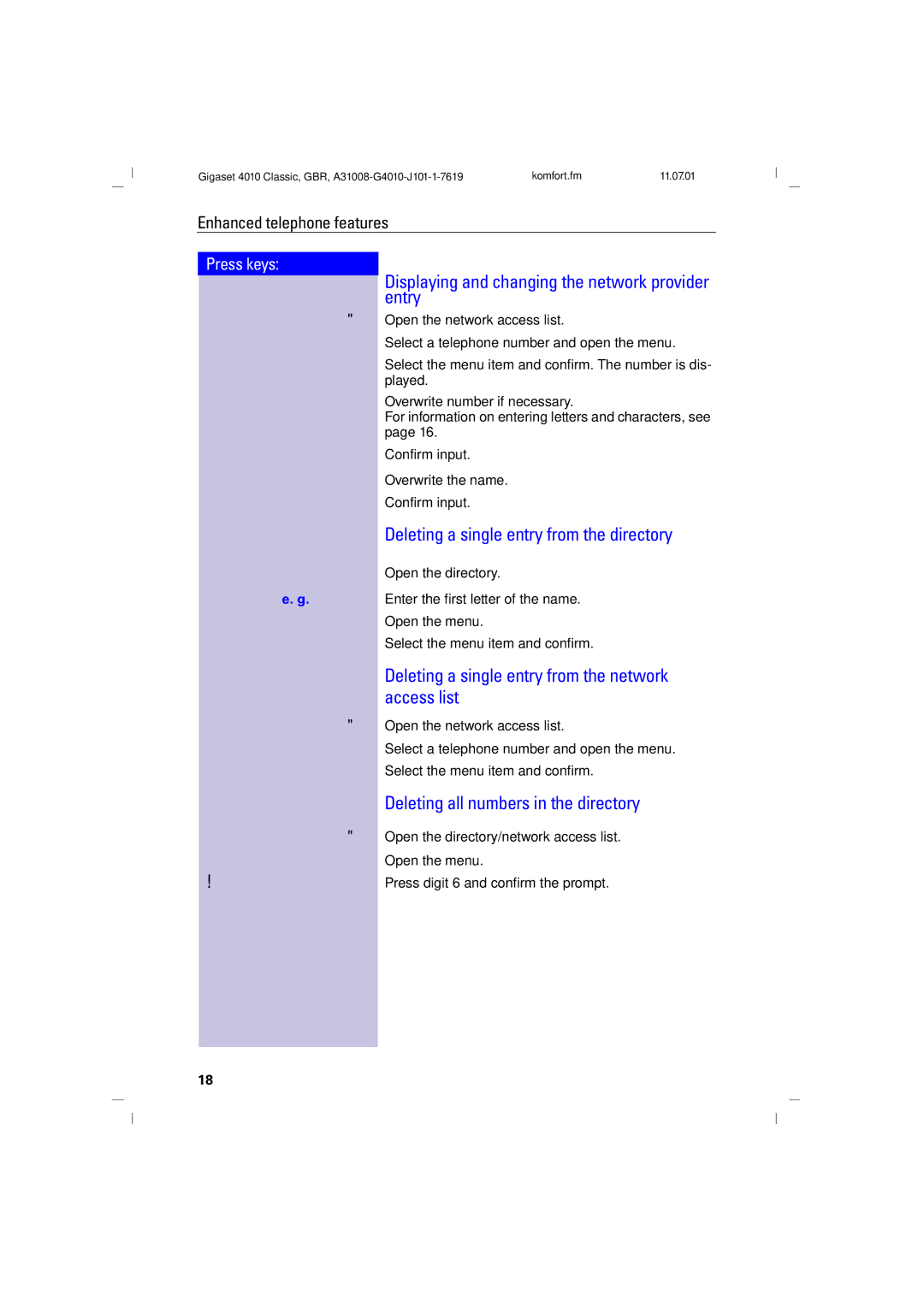 Generac 4010 Displaying and changing the network provider entry, Deleting a single entry from the directory 