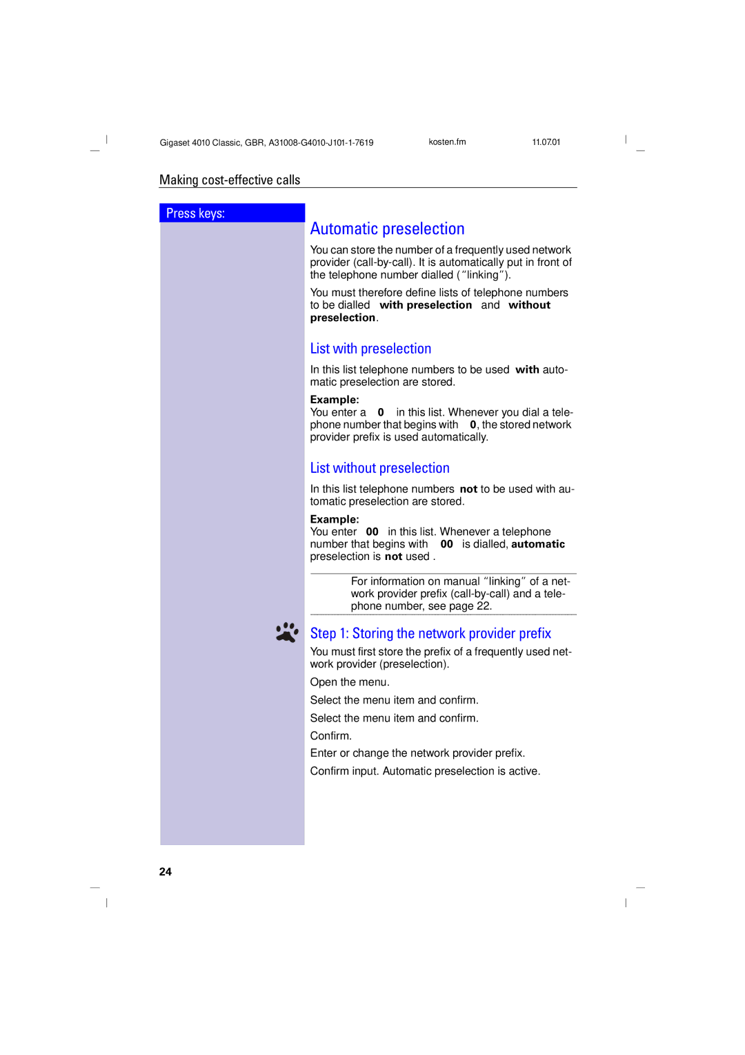 Generac 4010 operating instructions Automatic preselection, List with preselection, List without preselection, Example 