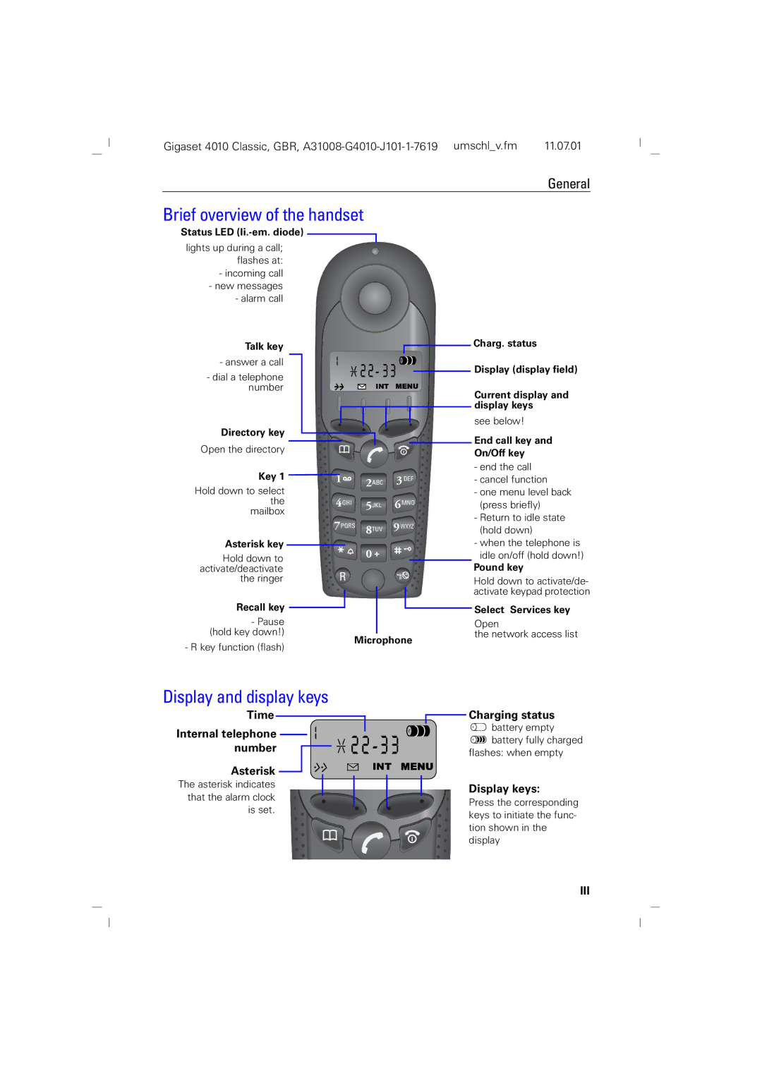 Generac 4010 Brief overview of the handset, Display and display keys, Time Internal telephone number Asterisk 