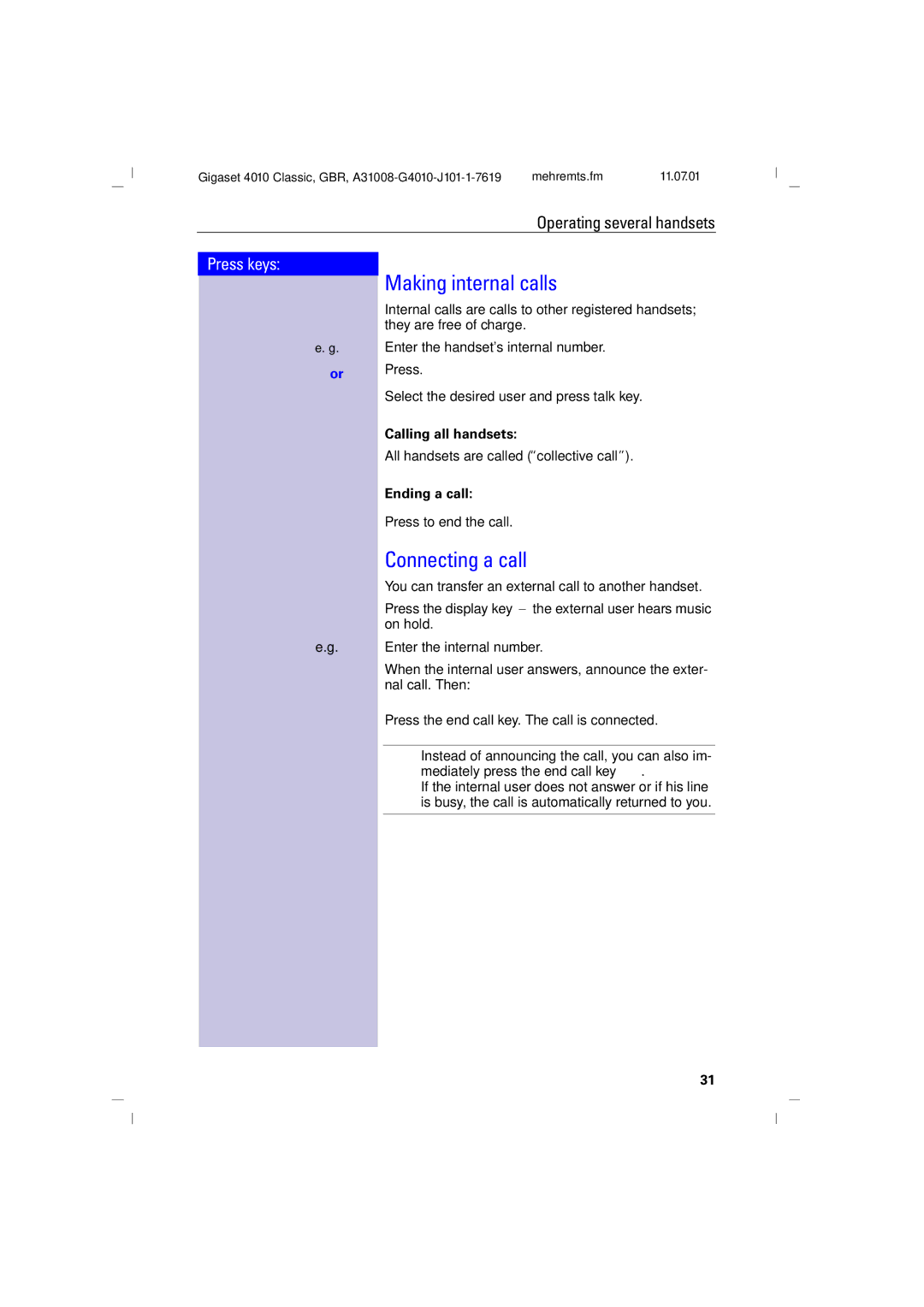 Generac 4010 operating instructions Making internal calls, Connecting a call, Calling all handsets 