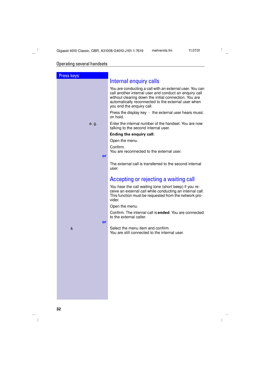 Generac 4010 operating instructions Internal enquiry calls, Accepting or rejecting a waiting call, Ending the enquiry call 