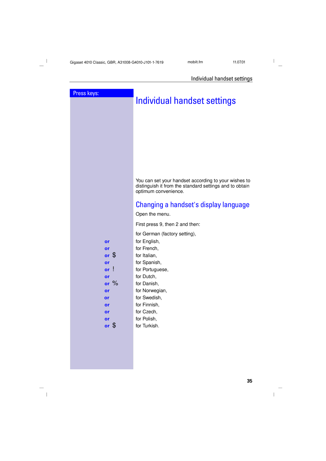 Generac 4010 operating instructions Individual handset settings, Changing a handsets display language 