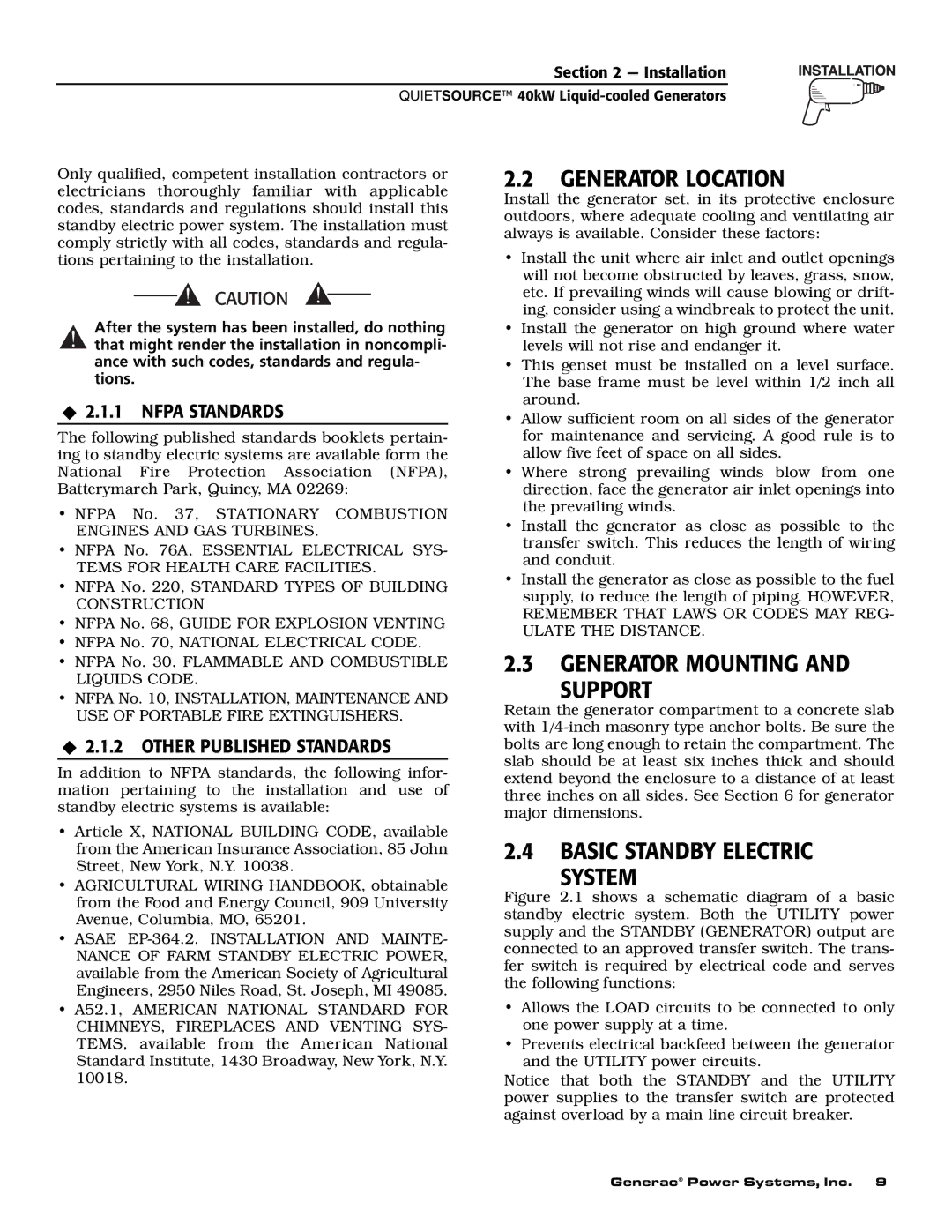 Generac 37kW NG Generator Location, Generator Mounting Support, Basic Standby Electric System, ‹ 2.1.1 Nfpa Standards 