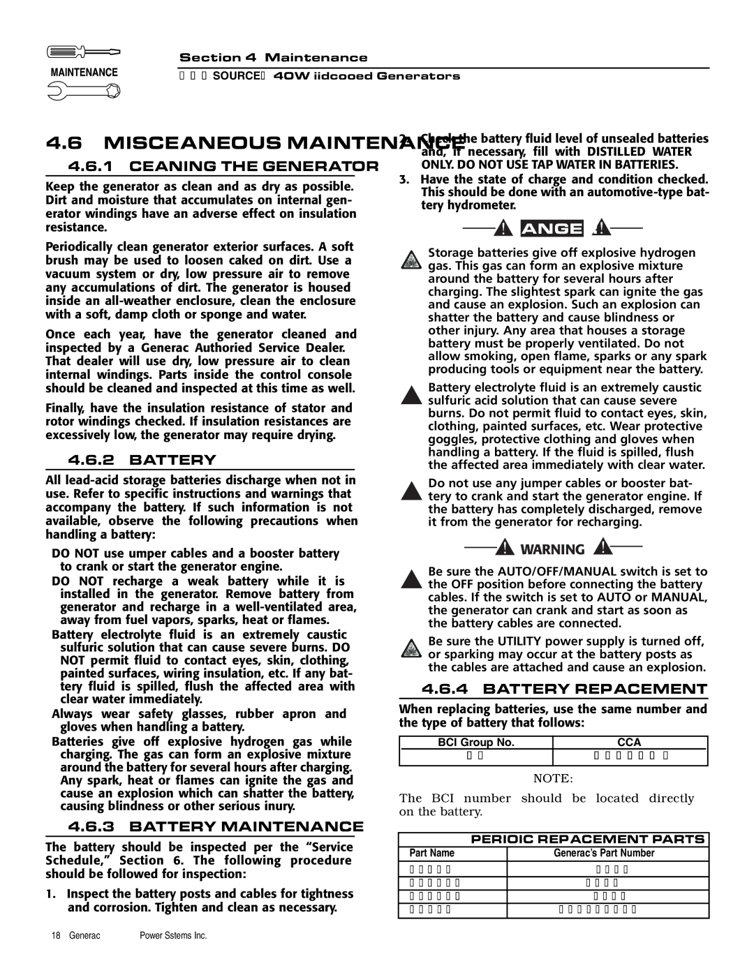 Generac 40kW LP Miscellaneous Maintenance, ‹ 4.6.1 Cleaning the Generator, ‹ 4.6.2 Battery, ‹ 4.6.4 Battery Replacement 