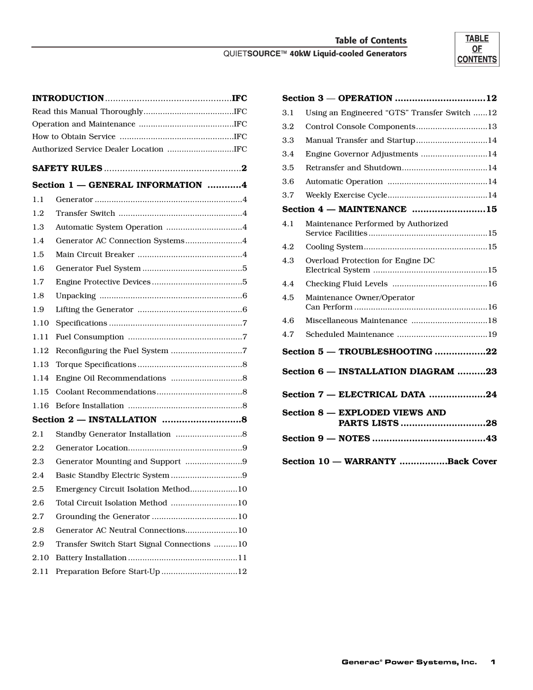 Generac 37kW NG, 40kW LP owner manual Table of Contents 