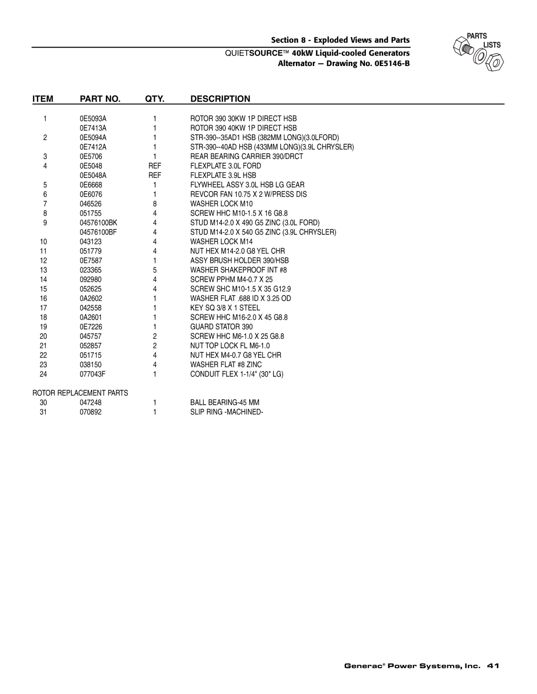 Generac 37kW NG Rotor 390 30KW 1P Direct HSB, Rotor 390 40KW 1P Direct HSB, STR-390--40AD HSB 433MM LONG3.9L Chrysler 