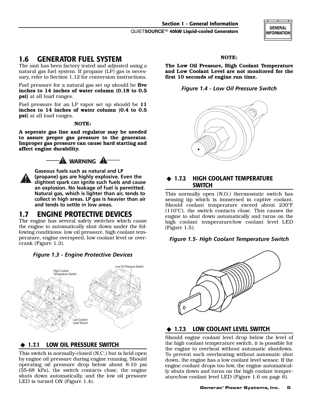 Generac 37kW NG, 40kW LP owner manual Generator Fuel System, Engine Protective Devices, ‹ 1.7.1 LOW OIL Pressure Switch 