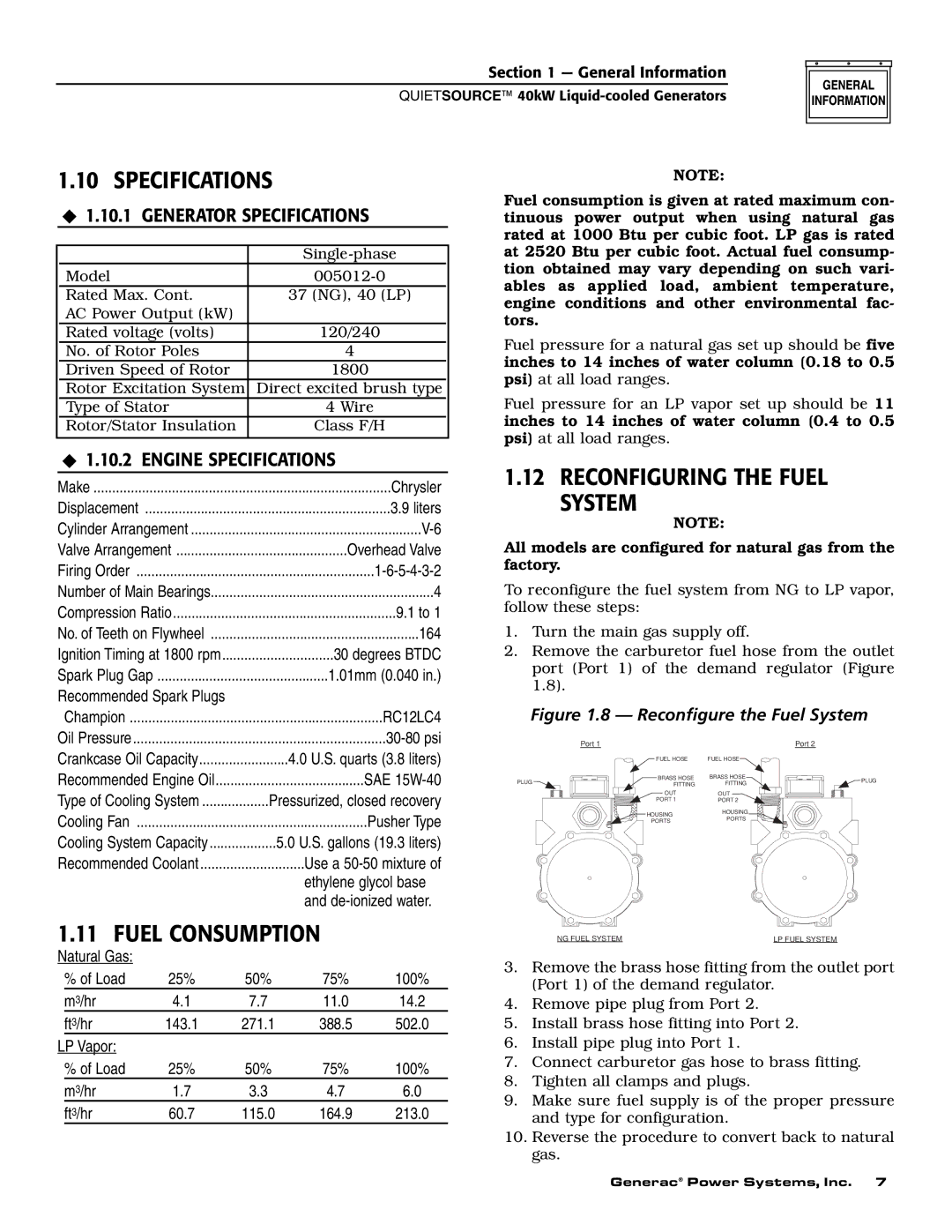 Generac 37kW NG, 40kW LP owner manual Fuel Consumption, Reconfiguring the Fuel System, ‹ 1.10.1 Generator Specifications 