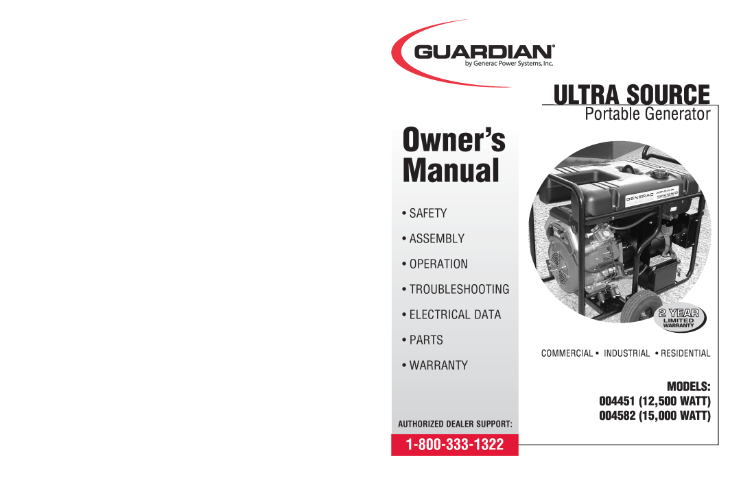 Generac 4451 owner manual Owner’s Manual, Ultra Source, Portable Generator, 1-800-333-1322, • Electrical Data • Parts 
