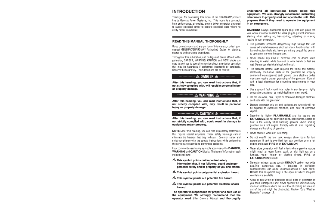 Generac 4451, 4582 owner manual Introduction, Danger, Read This Manual Thoroughly 
