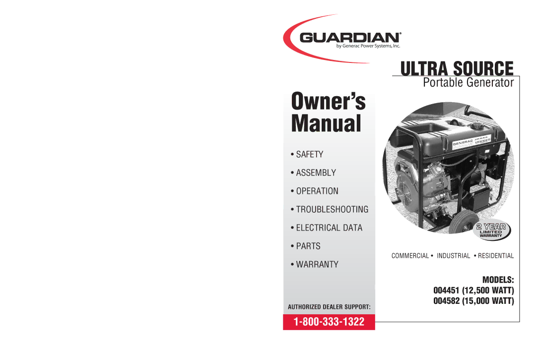 Generac 4451, 4582 owner manual Owner’s Manual 