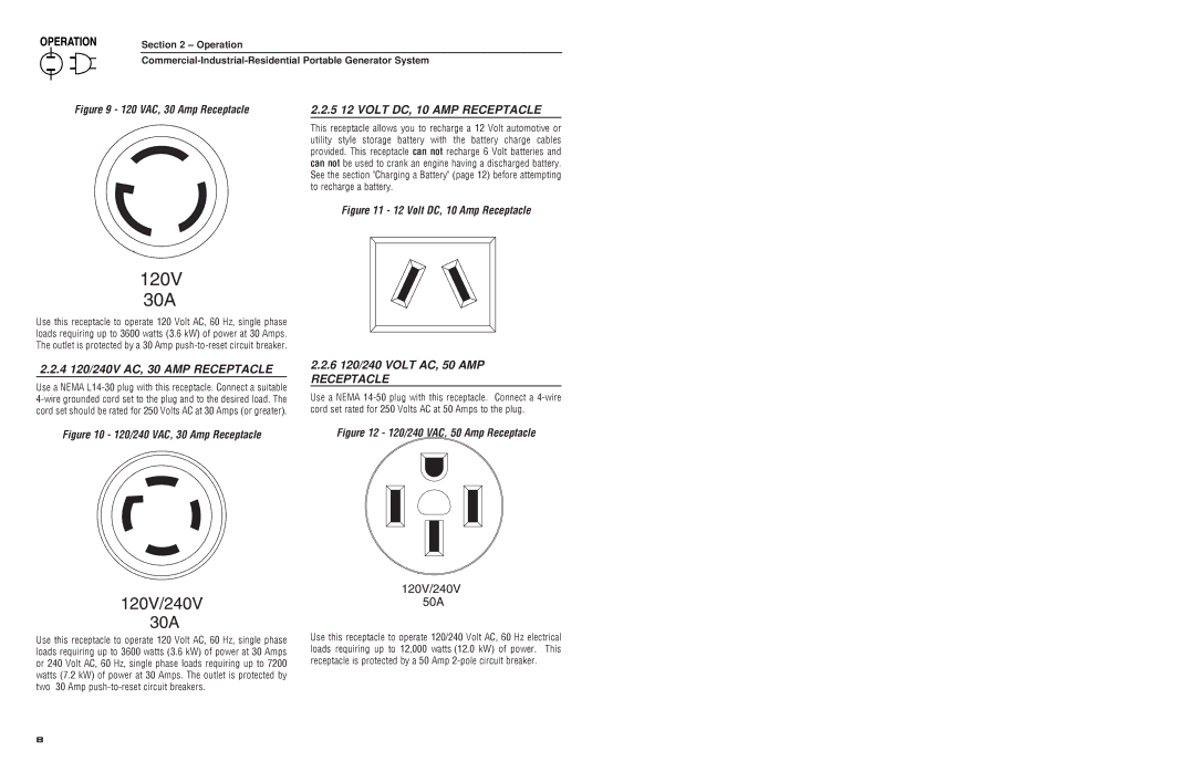 Generac 4582, 4451 owner manual 5 12 Volt DC, 10 AMP Receptacle, Provided. This receptacle can not recharge 6 Volt batteries 