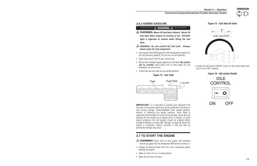 Generac 4451, 4582 owner manual To Start the Engine, Adding Gasoline 