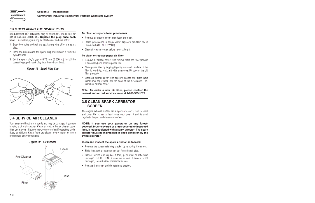 Generac 4582, 4451 owner manual Service AIR Cleaner, Clean Spark Arrestor Screen, Replacing the Spark Plug 