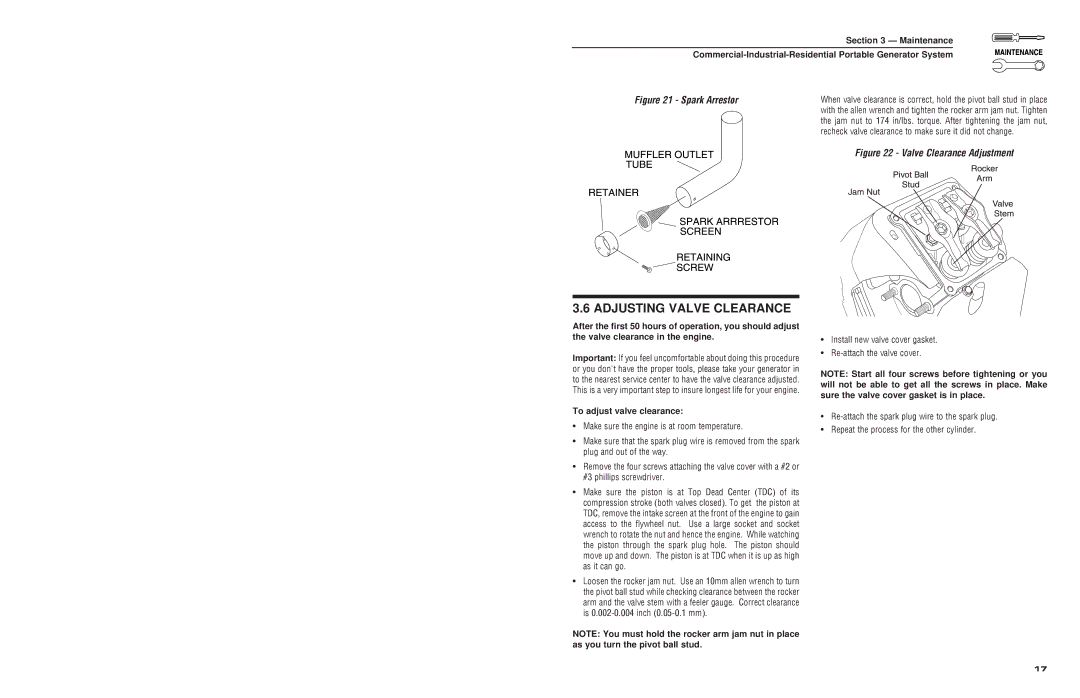 Generac 4451, 4582 owner manual Adjusting Valve Clearance, To adjust valve clearance 