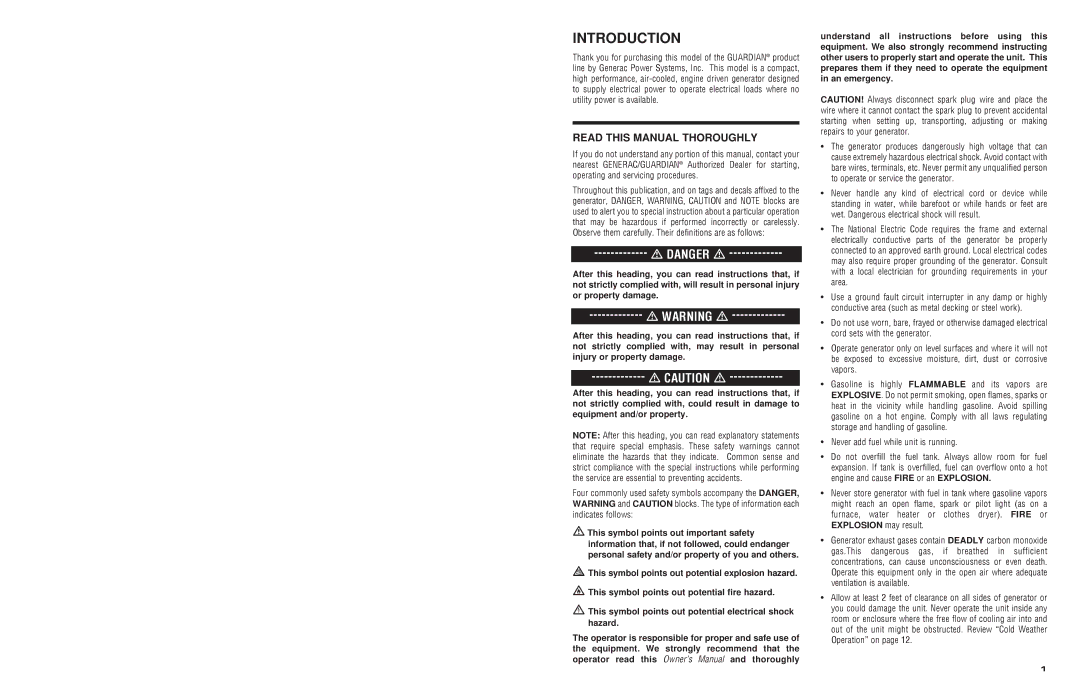 Generac 4451, 4582 owner manual Introduction 