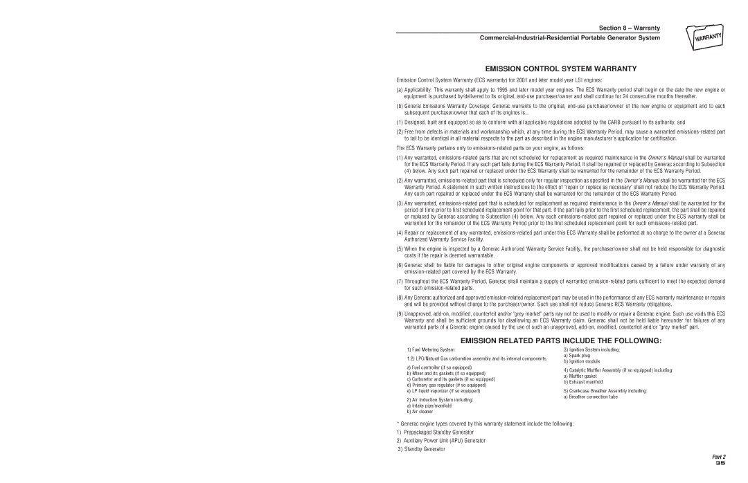 Generac 4451, 4582 owner manual Emission Control System Warranty 
