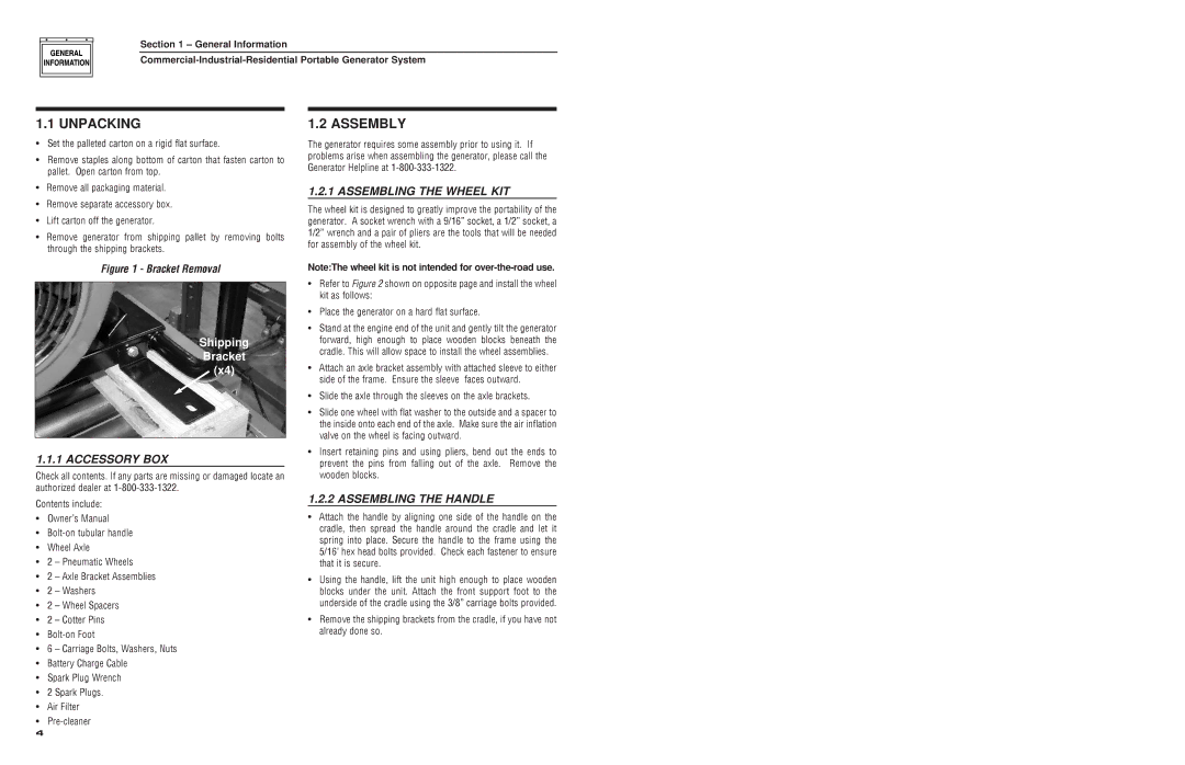 Generac 4582, 4451 owner manual Unpacking, Assembly, Accessory BOX, Assembling the Wheel KIT, Assembling the Handle 