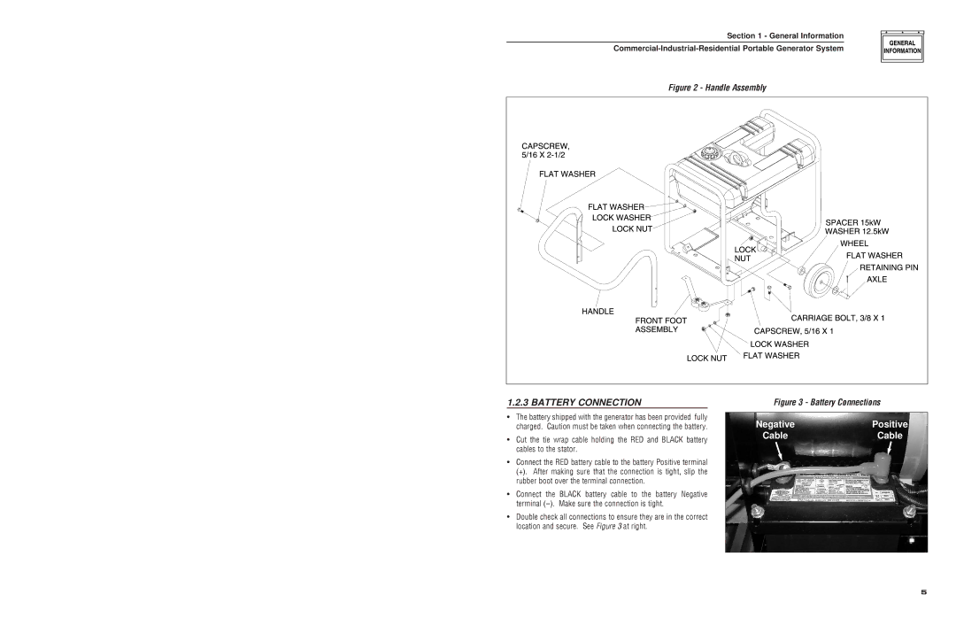 Generac 4451, 4582 owner manual Battery Connection, Handle Assembly 