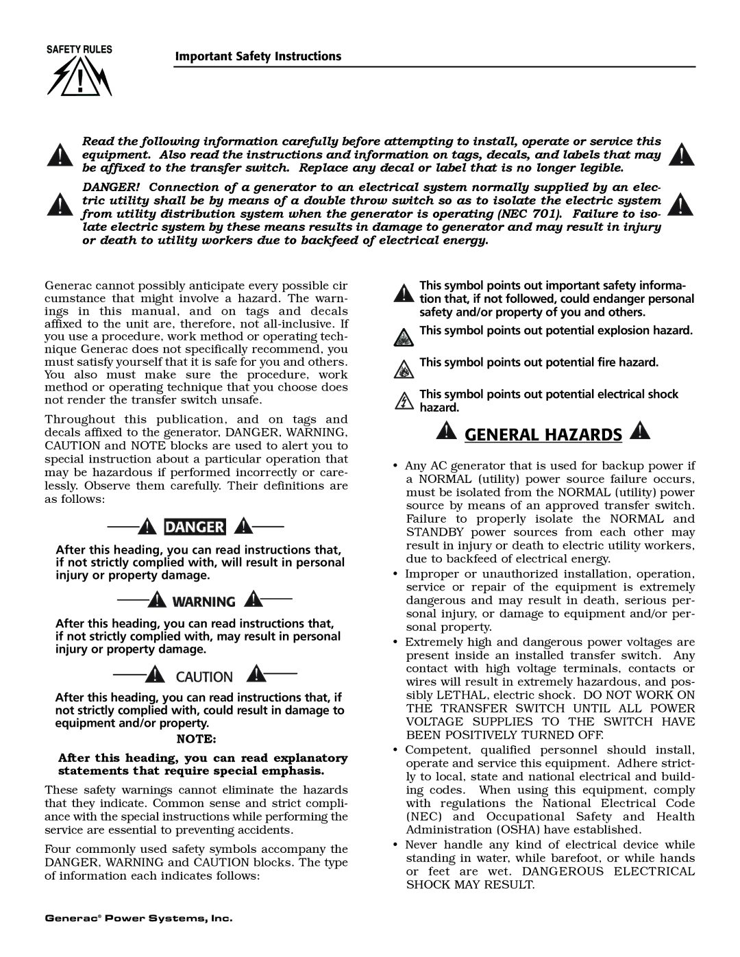 Generac 4678-1, 9227-2 owner manual General Hazards, Important Safety Instructions 