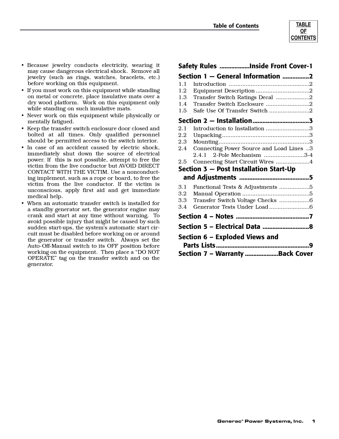 Generac 9227-2, 4678-1 owner manual Safety Rules Inside Front Cover-1 General Information, Table of Contents 