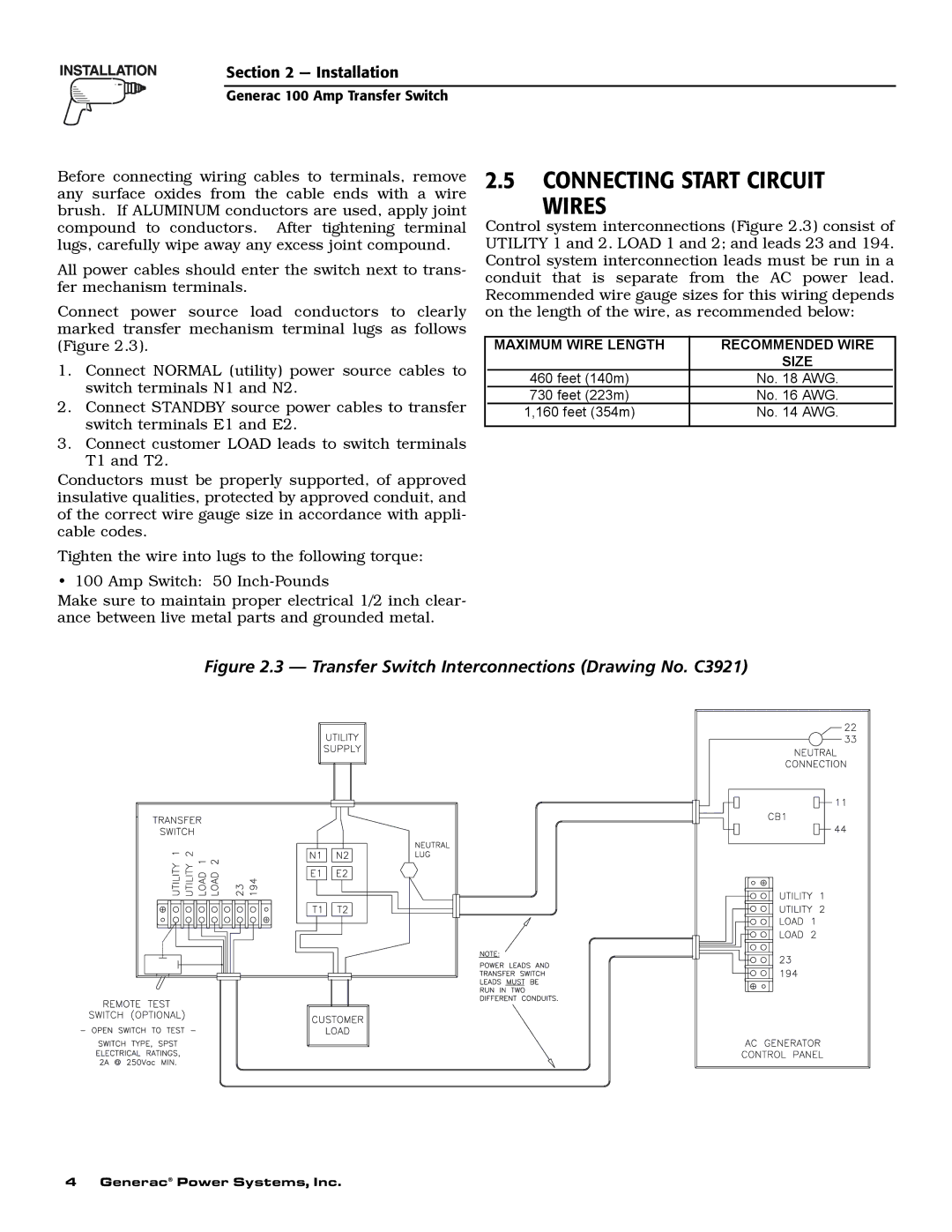 Generac 4678-1, 9227-2 owner manual Connecting Start Circuit Wires, Transfer Switch Interconnections Drawing No. C3921 