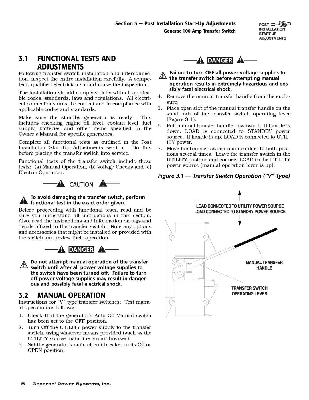 Generac 9227-2, 4678-1 owner manual Functional Tests Adjustments, Manual Operation, Post Installation Start-Up Adjustments 