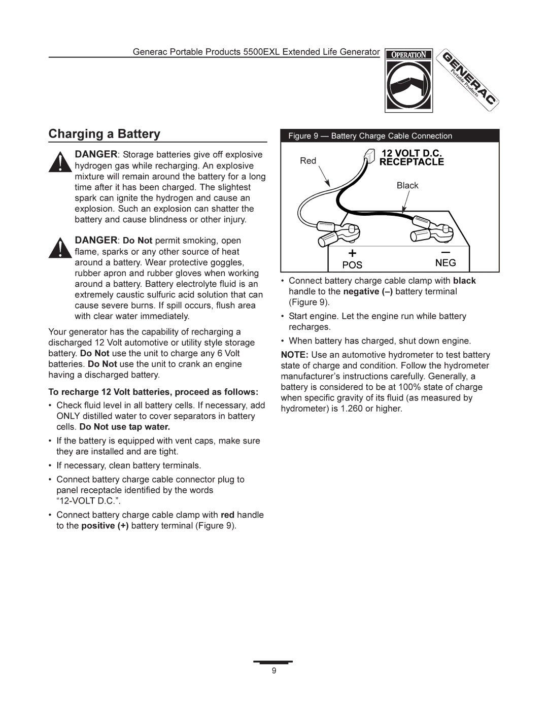 Generac 5500EXL manual Charging a Battery, To recharge 12 Volt batteries, proceed as follows 