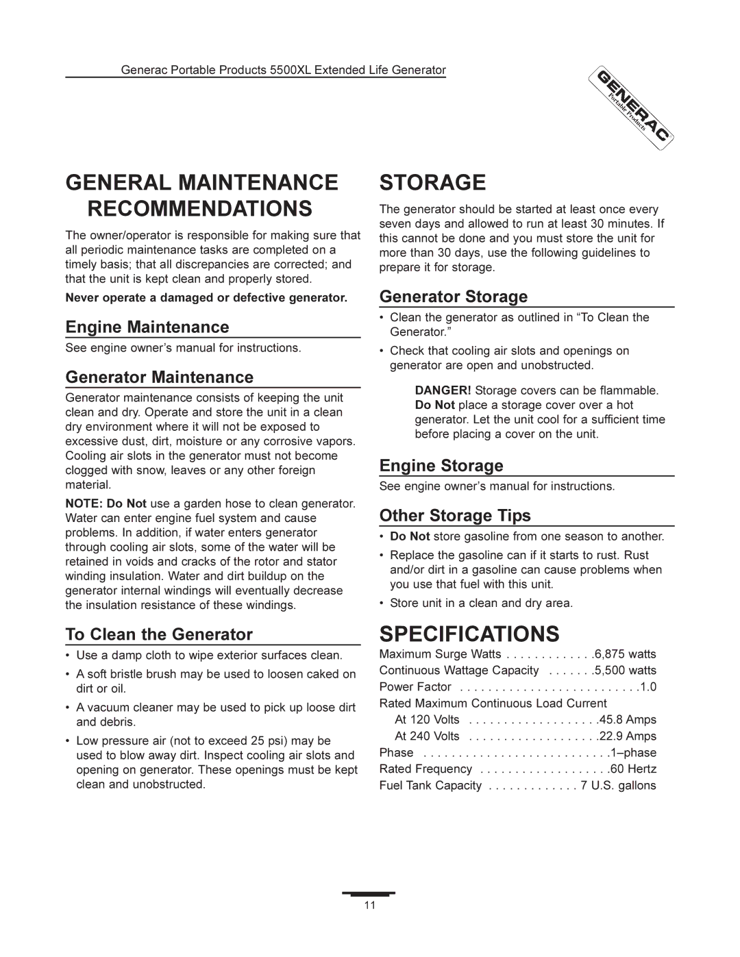 Generac 5500XL manual General Maintenance Recommendations, Storage, Specifications 