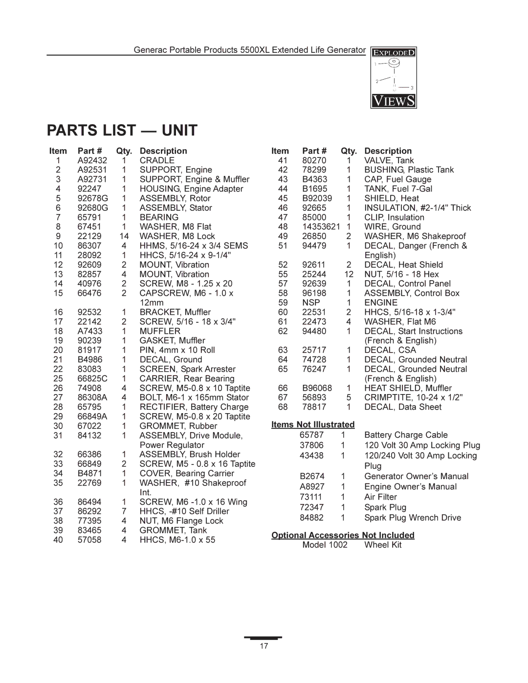 Generac 5500XL manual Parts List Unit, Items Not Illustrated, Optional Accessories Not Included 