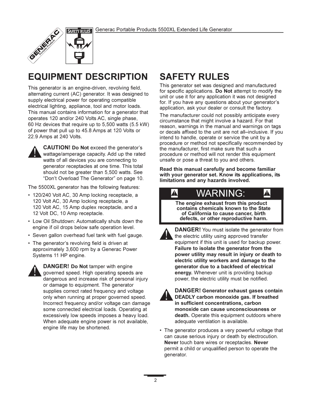 Generac 5500XL manual Equipment Description, Safety Rules 