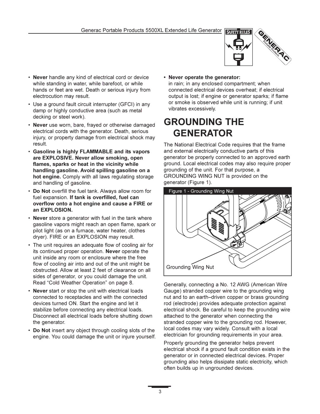 Generac 5500XL manual Grounding Generator, Never operate the generator 