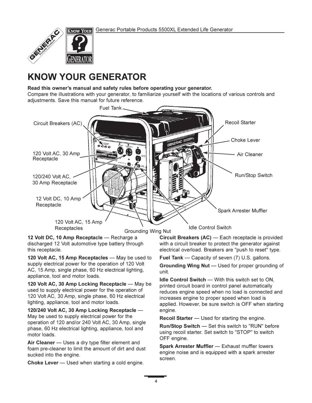 Generac 5500XL manual Know Your Generator, Volt DC, 10 Amp Receptacle Recharge a 