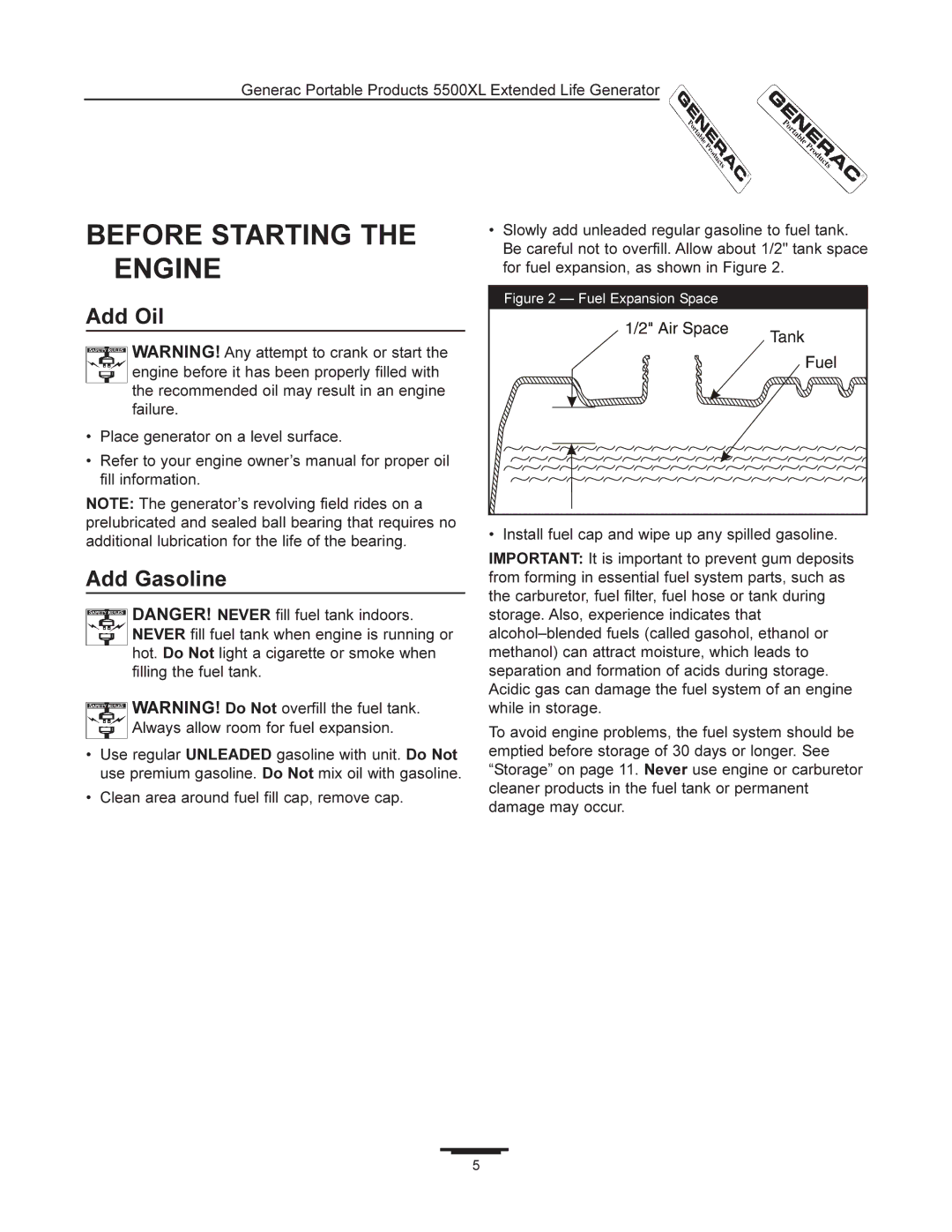 Generac 5500XL manual Before Starting the Engine, Add Oil, Add Gasoline 