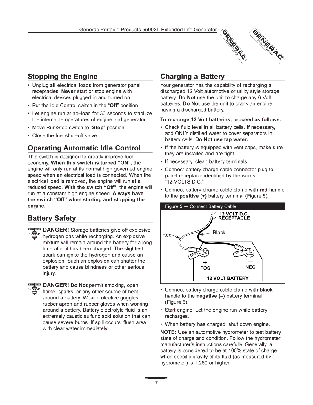 Generac 5500XL manual Stopping the Engine, Operating Automatic Idle Control, Battery Safety Charging a Battery 