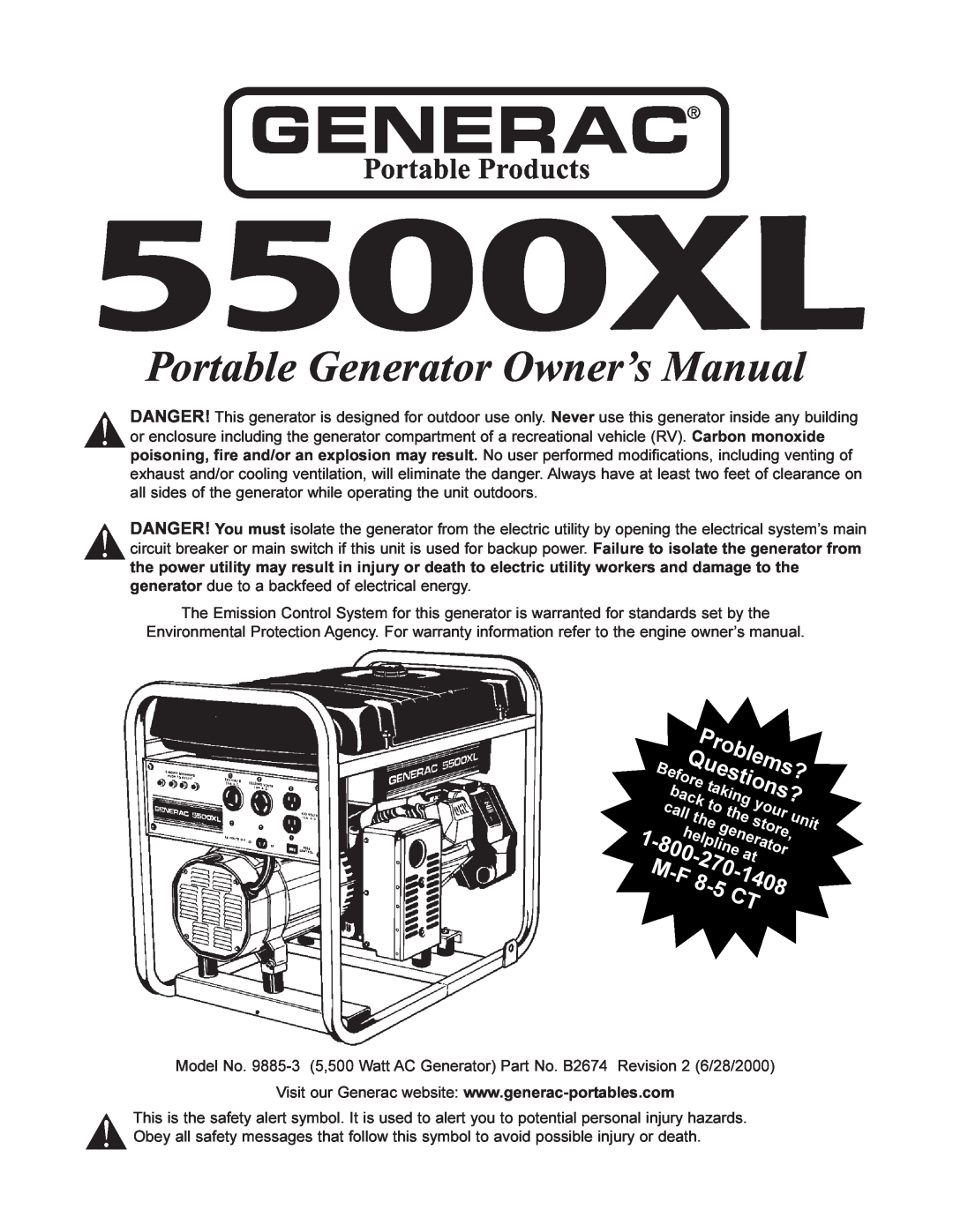 Generac 5500XL manual Portable Generator Owner’s Manual, 1408, Problems?, Questions?, back taking, call the, Before 
